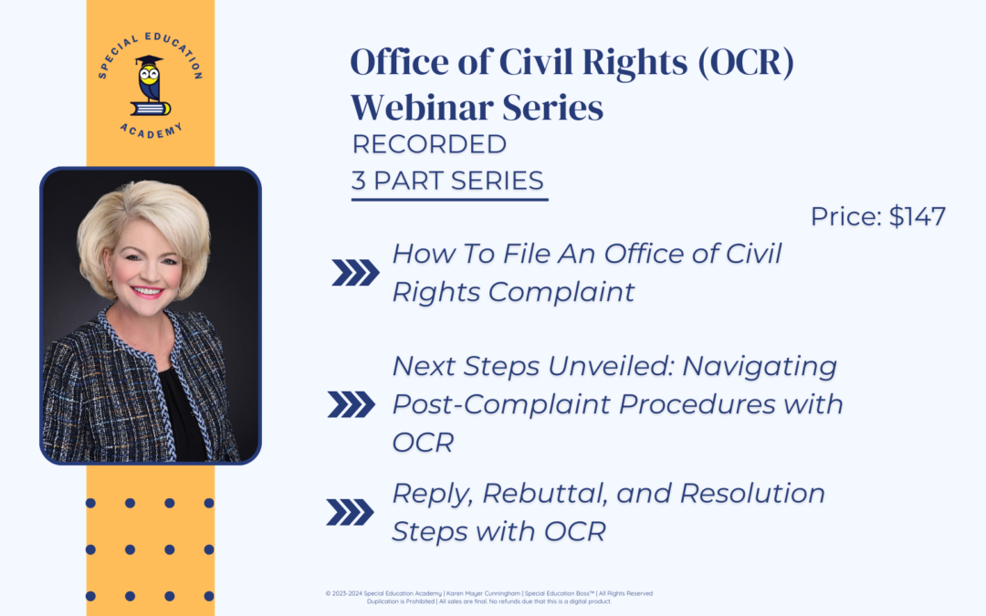 Promotional image for a recorded webinar series offered by Special Education Academy. It features three parts, priced at $147. The sessions include 'How To File An Office of Civil Rights Complaint,' 'Next Steps Unveiled: Navigating Post-Complaint Procedures with OCR,' and 'Reply, Rebuttal, and Resolution Steps with OCR.' A portrait of Karen Mayer Cunningham, who is smiling with short blonde hair and wearing a blue and black tweed jacket, is beside the text. The academy's logo with an owl on a book is visible at the top left against a yellow background. At the bottom, a disclaimer notes copyright information for Special Education Academy and Karen Mayer Cunningham.